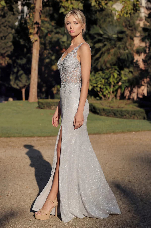 Sparkling Lace Applique Fitted VNeck Sleeveless High Slit Floor Length Mother of the Bride Dress