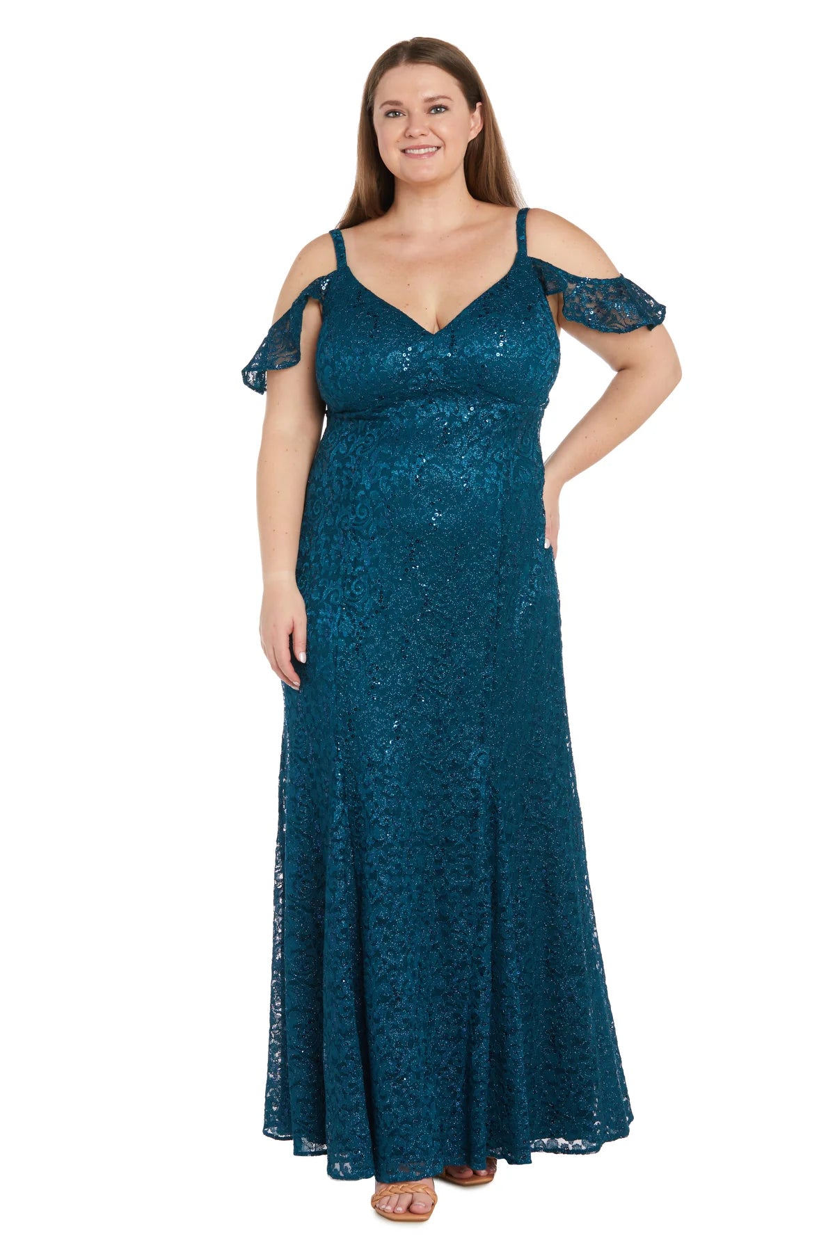 Sparkling Lace Mermaid V Neck Cold Shoulder Floor Length Evening Dress with Sequins