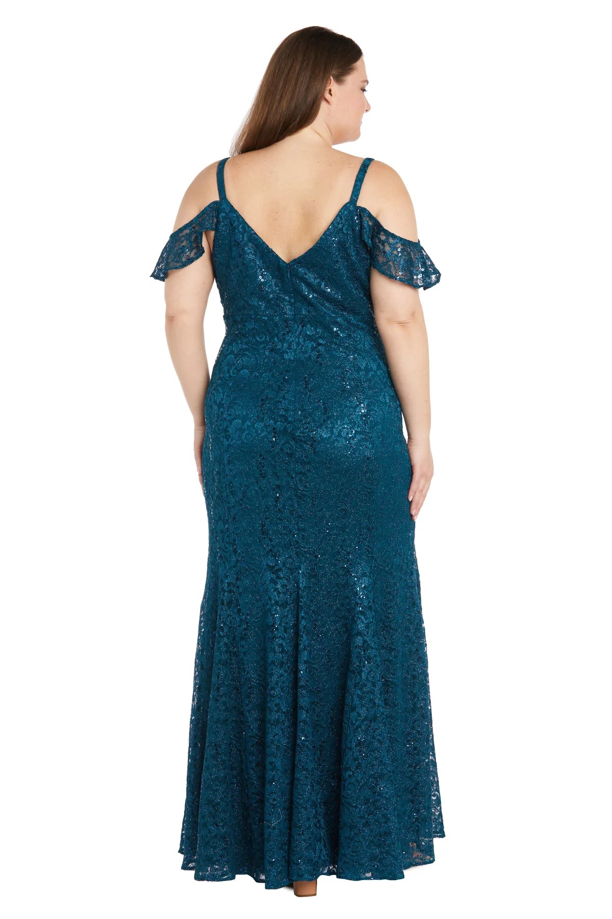 Sparkling Lace Mermaid V Neck Cold Shoulder Floor Length Evening Dress with Sequins