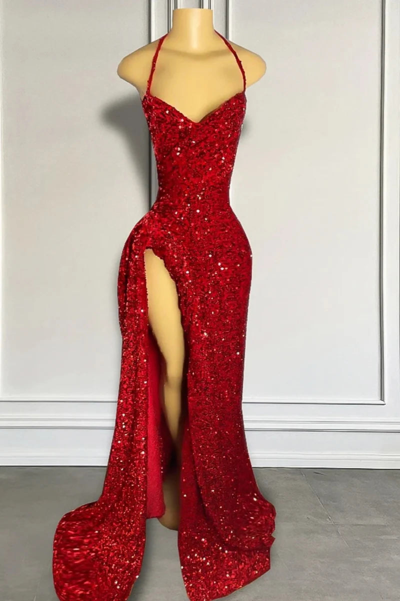 Sparkling Mermaid Halter Neck Sleeveless Lace Up Back High Slit Floor Length Evening Dress