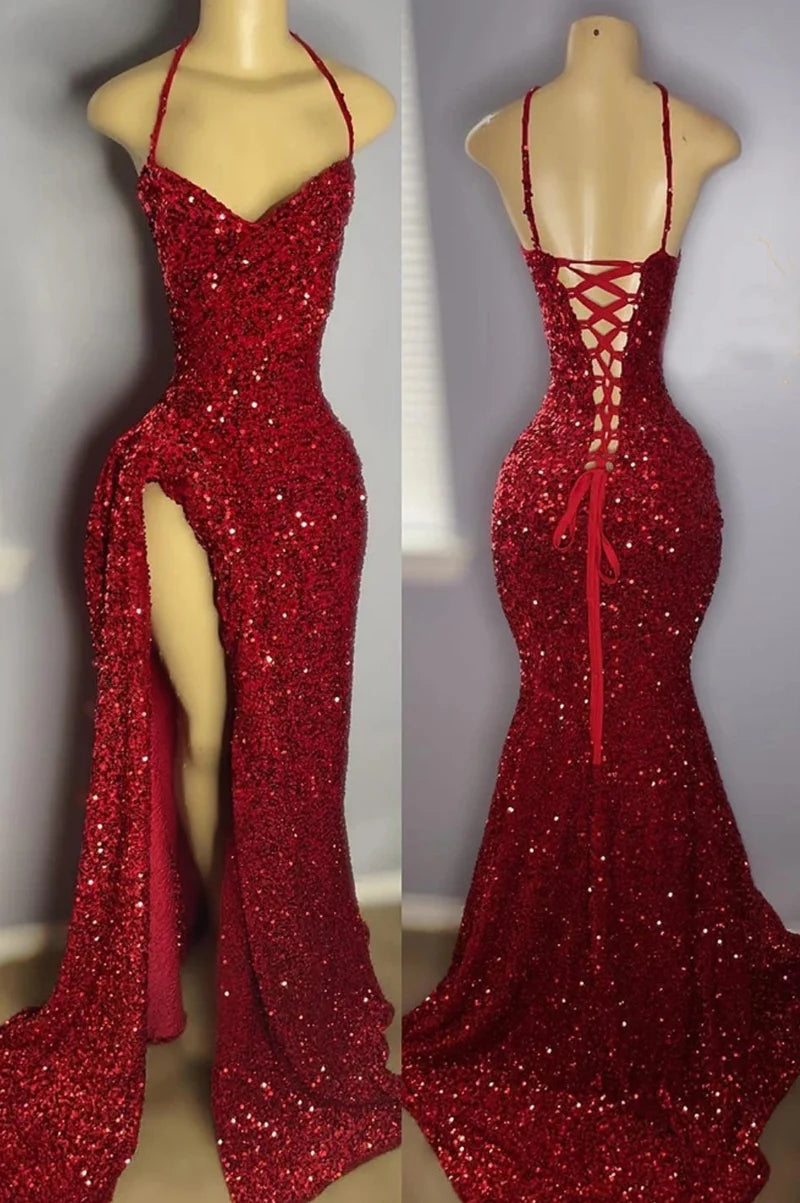 Sparkling Mermaid Halter Neck Sleeveless Lace Up Back High Slit Floor Length Evening Dress