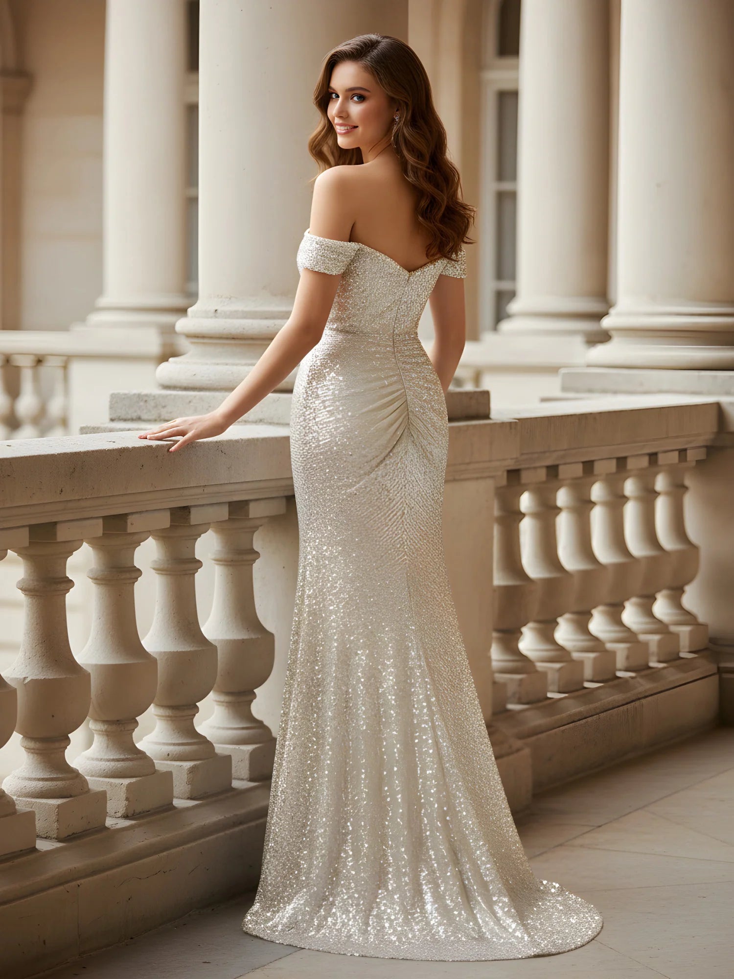 Sparkling Mermaid Sweetheart Neck Off Shoulder Closed Back Floor Length Evening Dresses