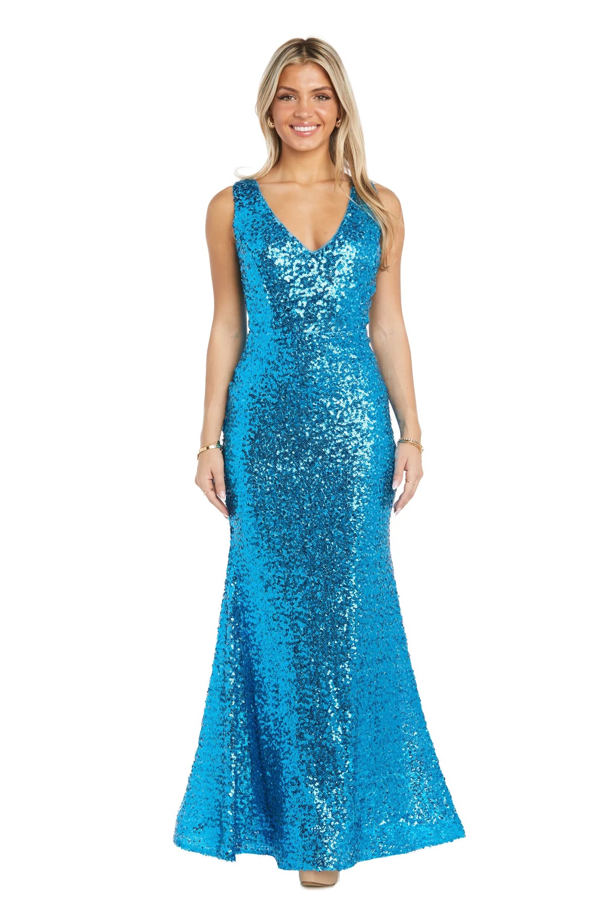 Sparkling Mermaid V-Neck Sleeveless Zipper-Back Blue Sequin Evening Dress