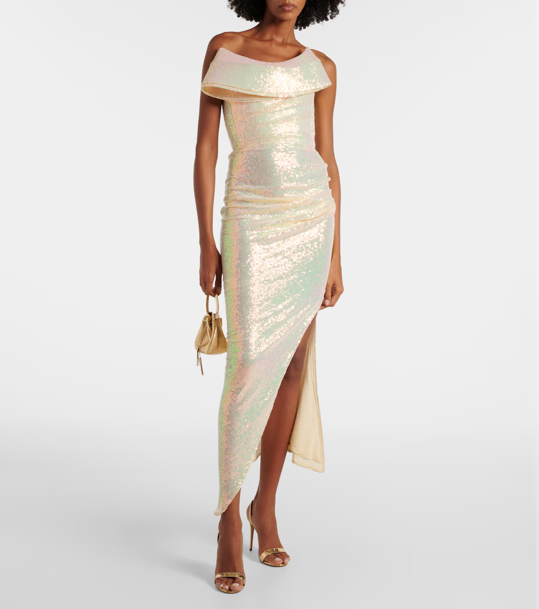 Sparkling Midi Evening Dress Asymmetrical Neck Off Shoulder Sleeveless Ruched Asymmetrical Hem Evening Dress
