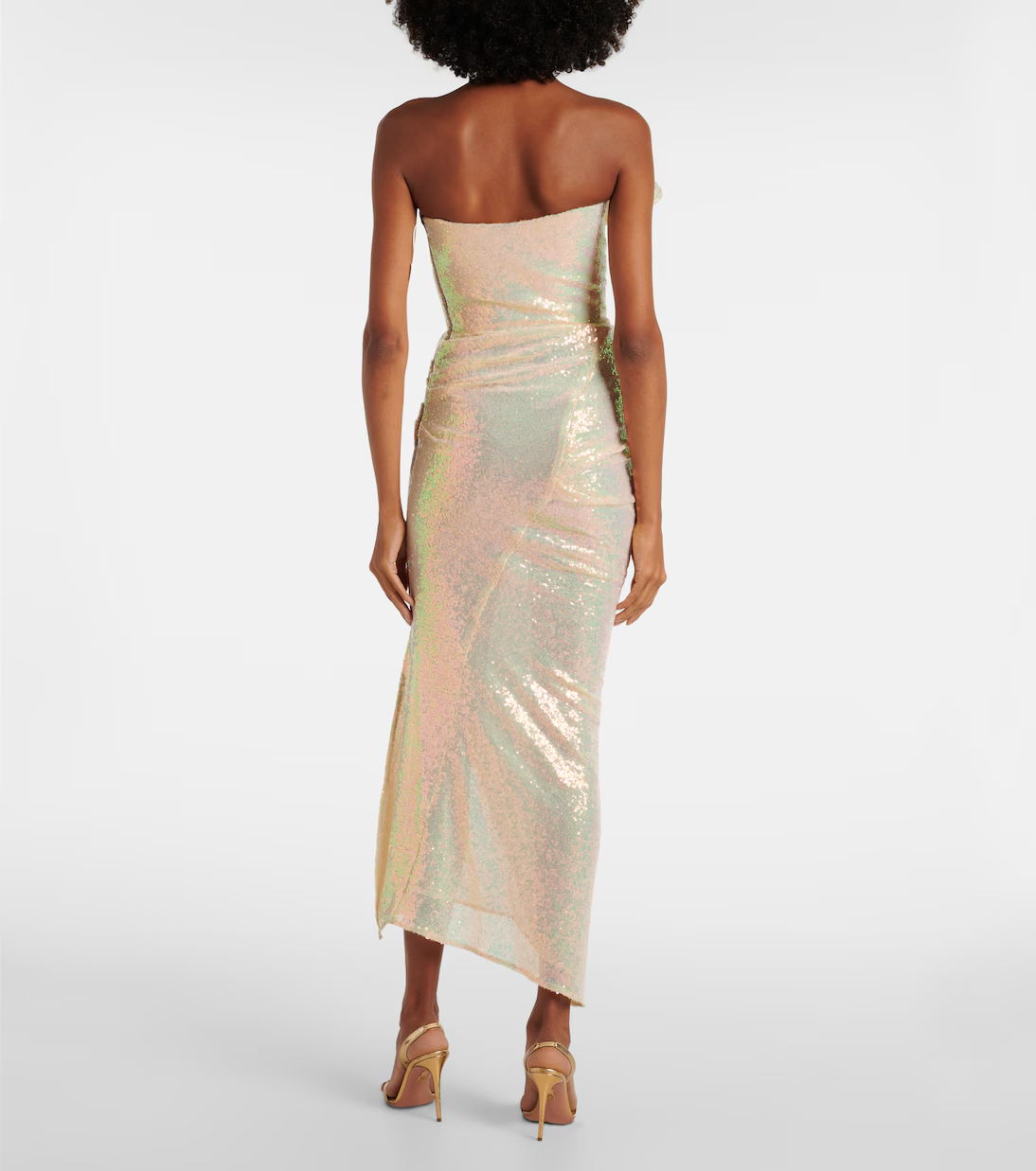 Sparkling Midi Evening Dress Asymmetrical Neck Off Shoulder Sleeveless Ruched Asymmetrical Hem Evening Dress