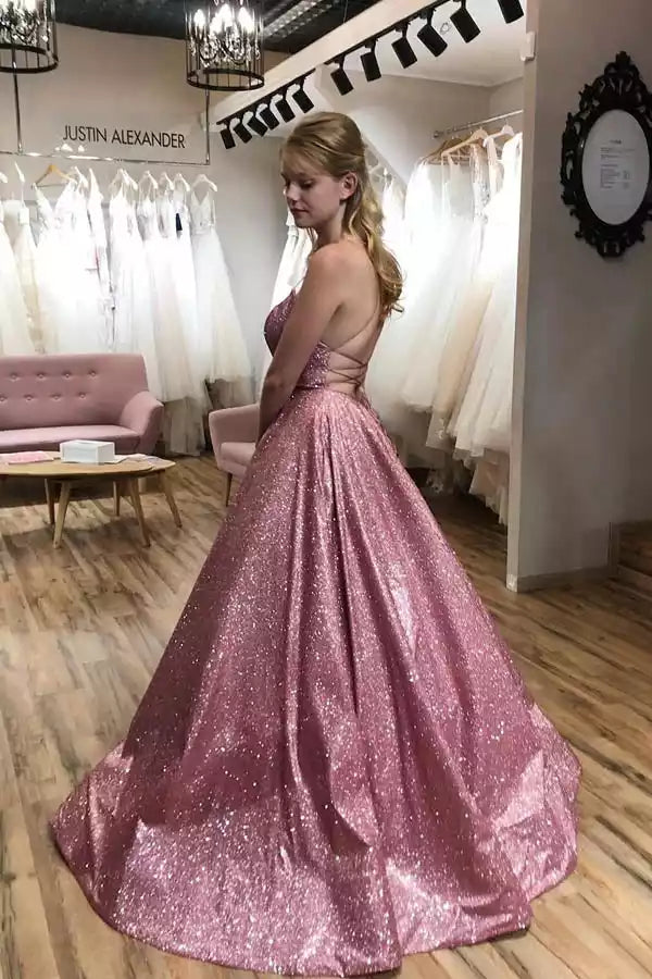 Sparkling Rose Gold Glitter Ball Gown with Square Neck & Lace-Up Back