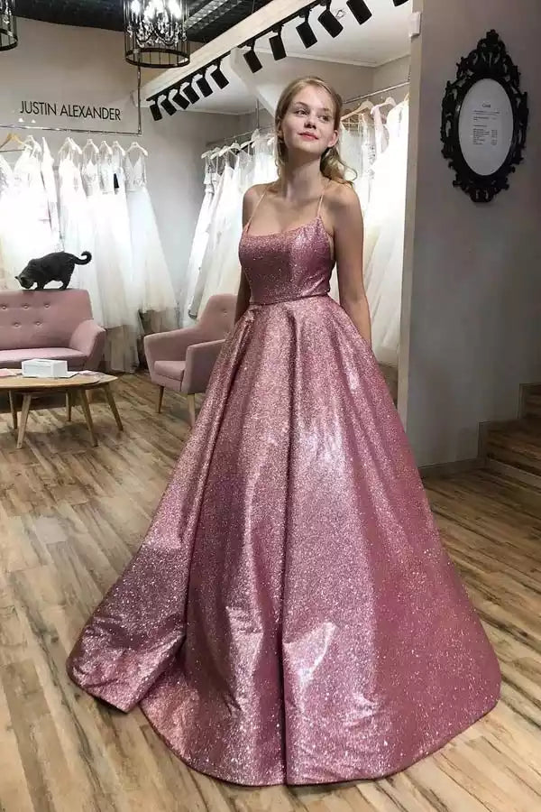 Sparkling Rose Gold Glitter Ball Gown with Square Neck & Lace-Up Back