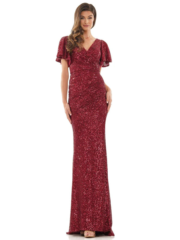 Sparkling Sequin Fitted VNeck Flutter Sleeve High Slit Floor Length Mother of the Bride Dress