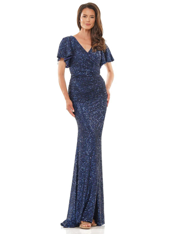Sparkling Sequin Fitted VNeck Flutter Sleeve High Slit Floor Length Mother of the Bride Dress