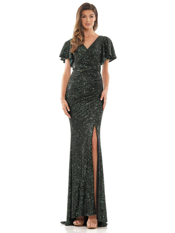 Sparkling Sequin Fitted VNeck Flutter Sleeve High Slit Floor Length Mother of the Bride Dress