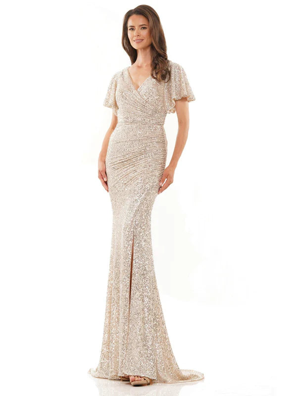 Sparkling Sequin Fitted VNeck Flutter Sleeve High Slit Floor Length Mother of the Bride Dress