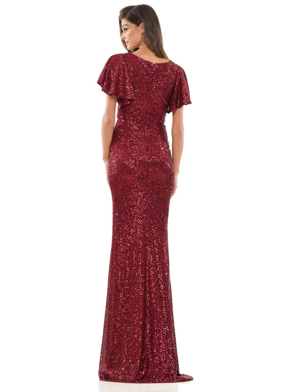 Sparkling Sequin Fitted VNeck Flutter Sleeve High Slit Floor Length Mother of the Bride Dress