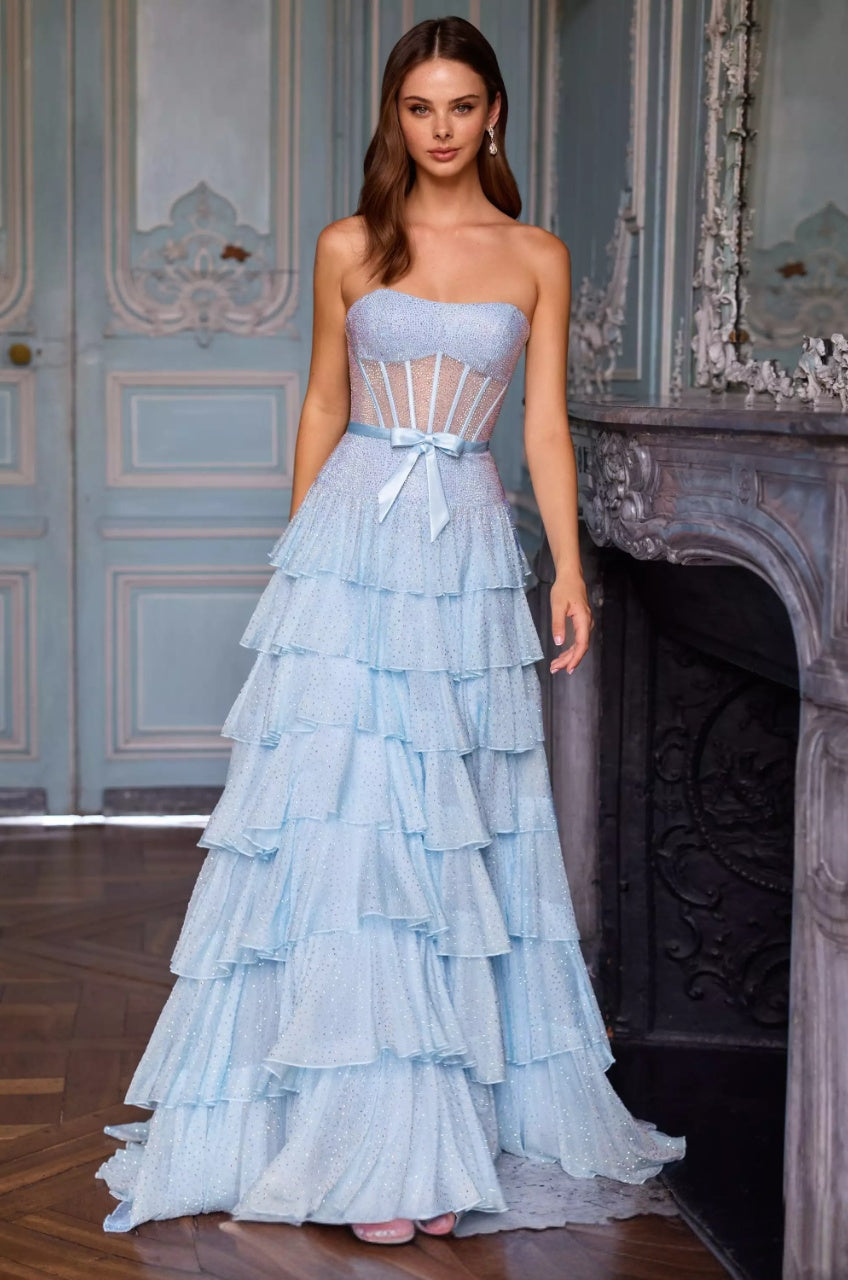 Sparkling Tiered Strapless Sheer Corset Open Back Long Formal Evening Dress