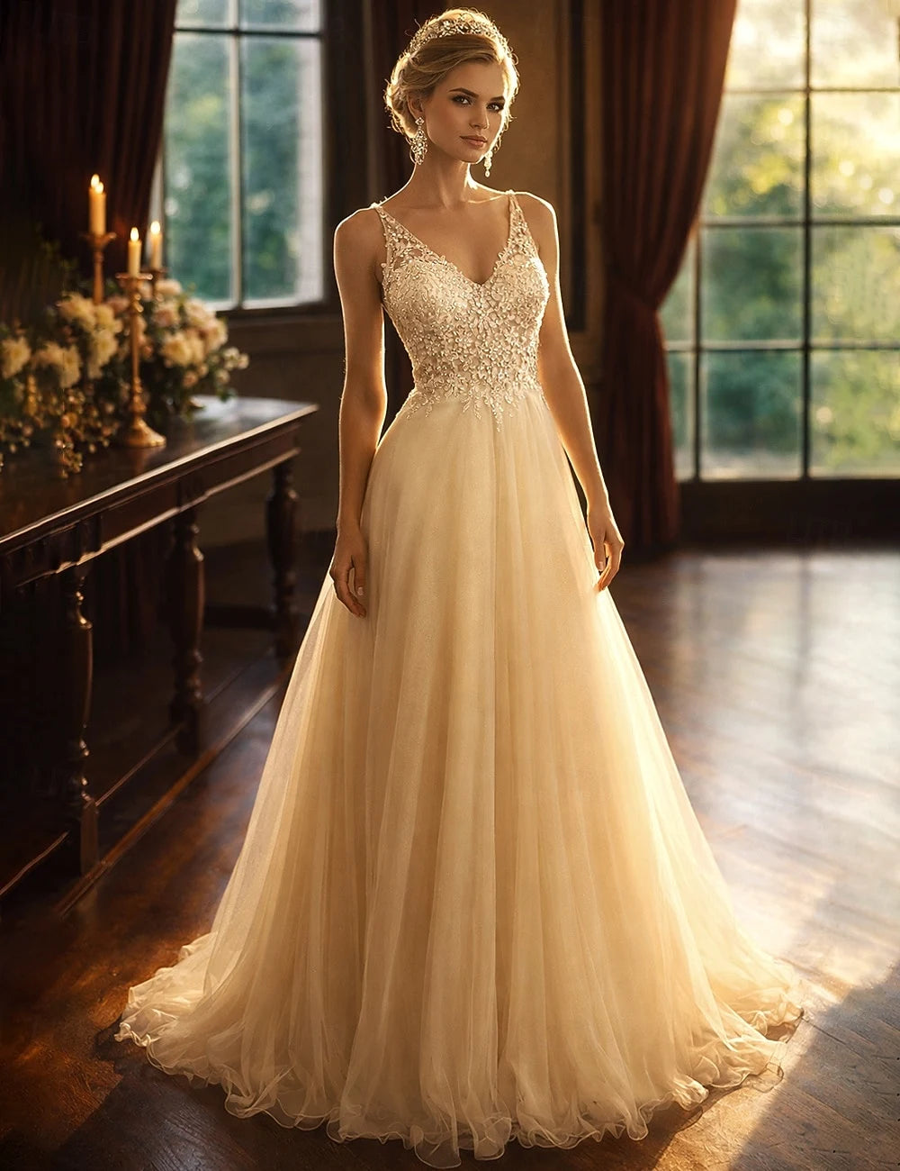 Sparkling Lace and Tulle A-Line V-Neck Sleeveless Open Back Floor-Length Prom Dresses
