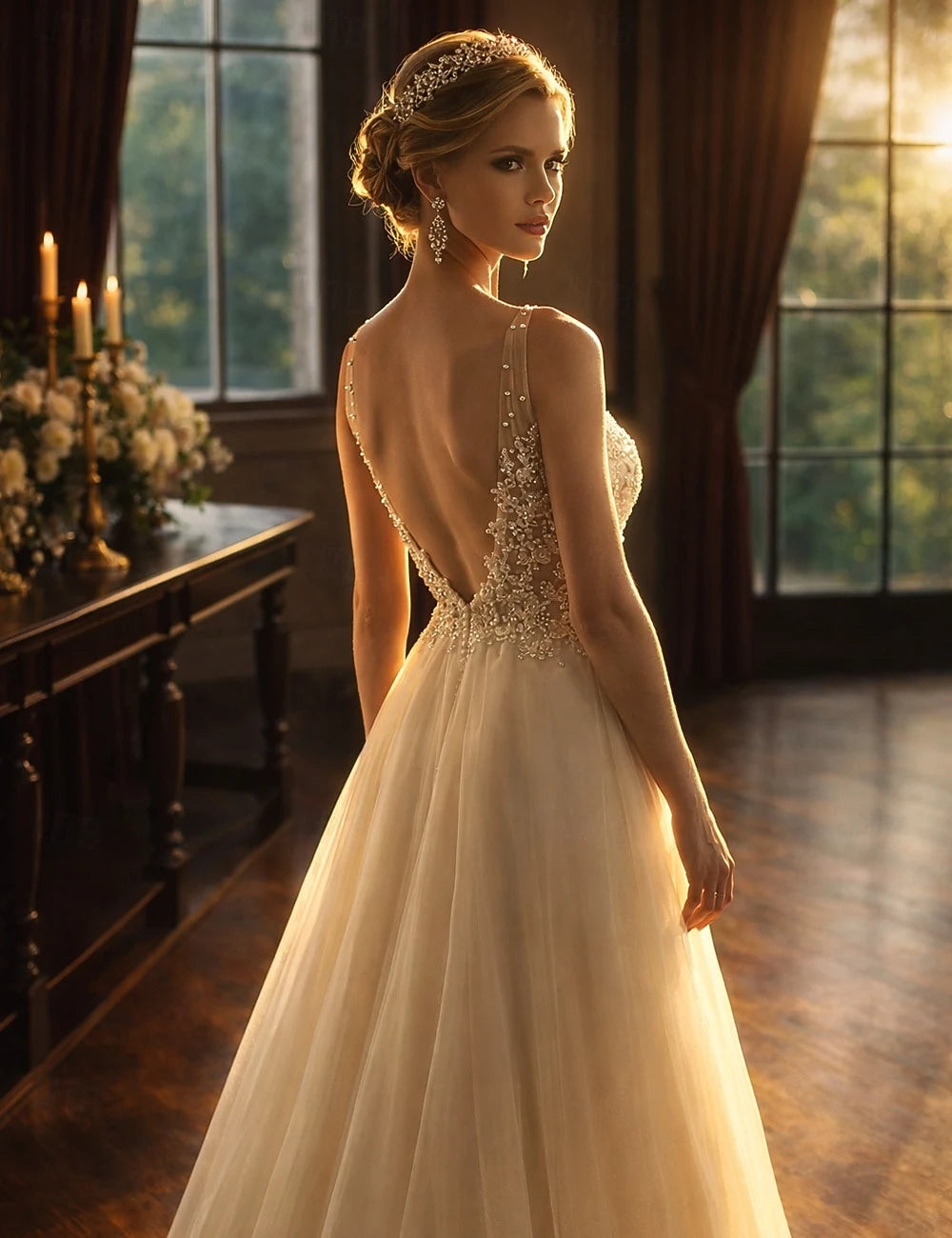 Sparkling Lace and Tulle A-Line V-Neck Sleeveless Open Back Floor-Length Prom Dresses