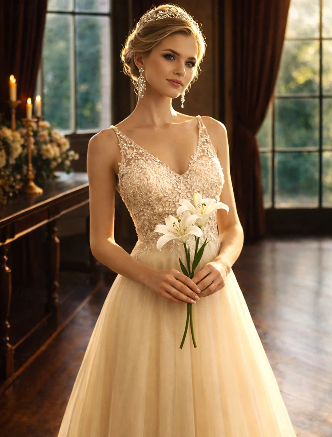 Sparkling Lace and Tulle A-Line V-Neck Sleeveless Open Back Floor-Length Prom Dresses