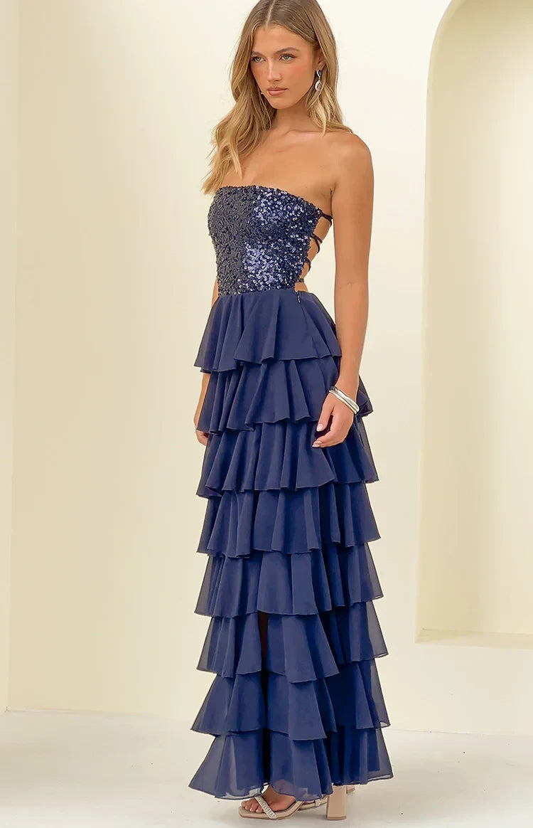 Sparkling Sequin Chiffon A-Line Strapless Sweetheart Sleeveless Open Back Lace-Up Tiered Ruffle Floor-Length Evening Dresses