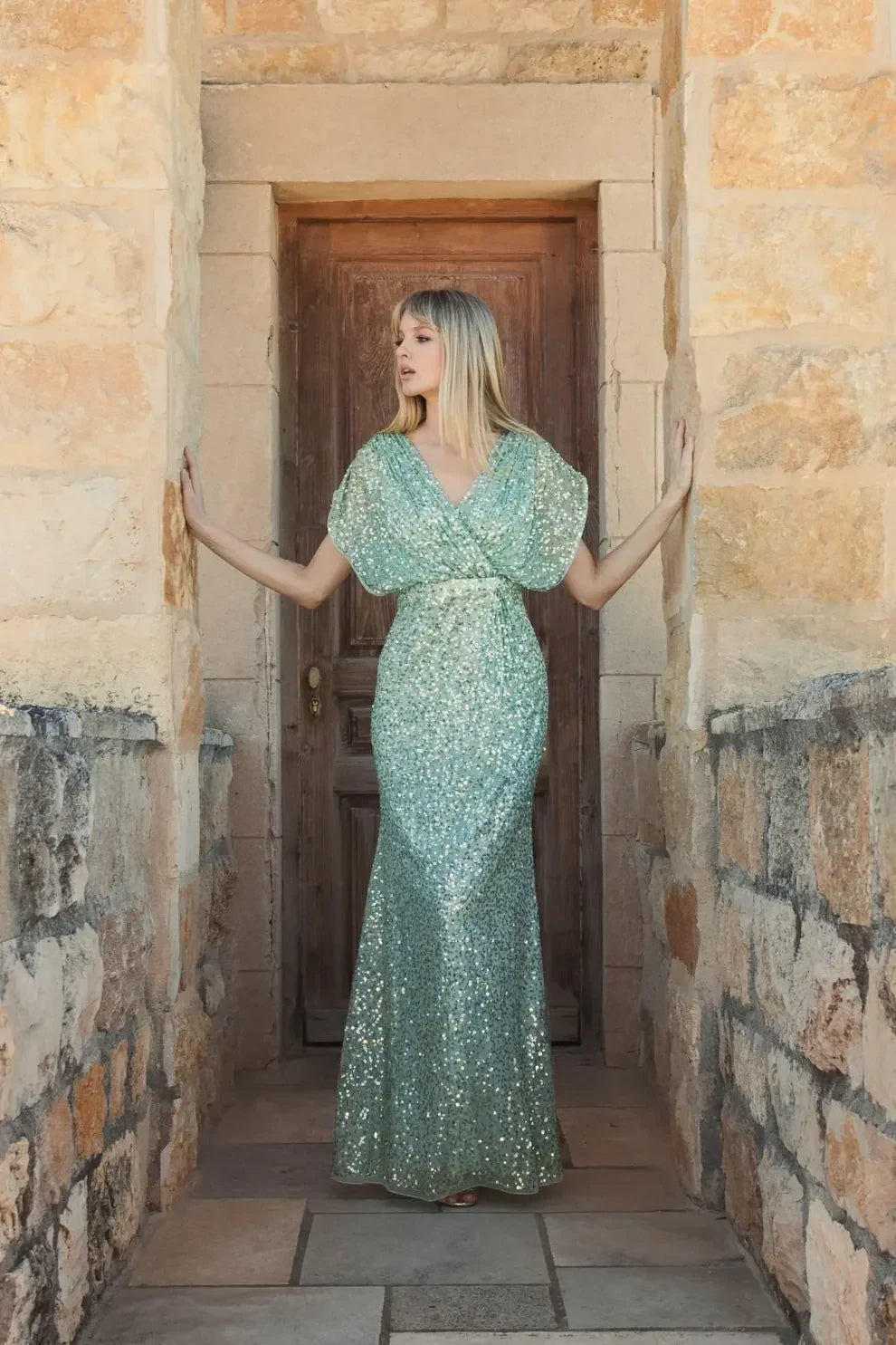 Sparkling Sequin Mermaid V-Neck Dolman Sleeve V-Back Floor-Length Evening Dresses