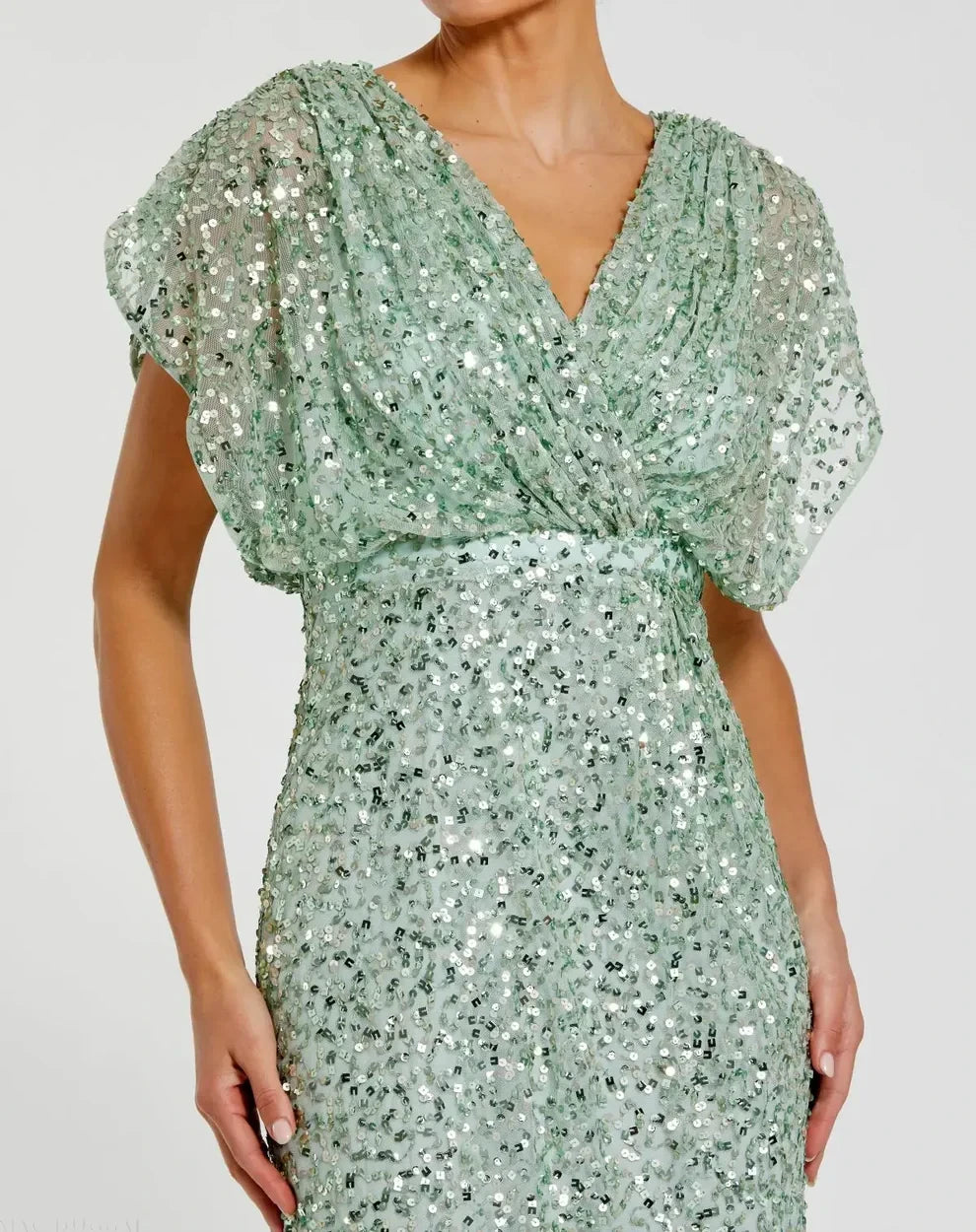 Sparkling Sequin Mermaid V-Neck Dolman Sleeve V-Back Floor-Length Evening Dresses