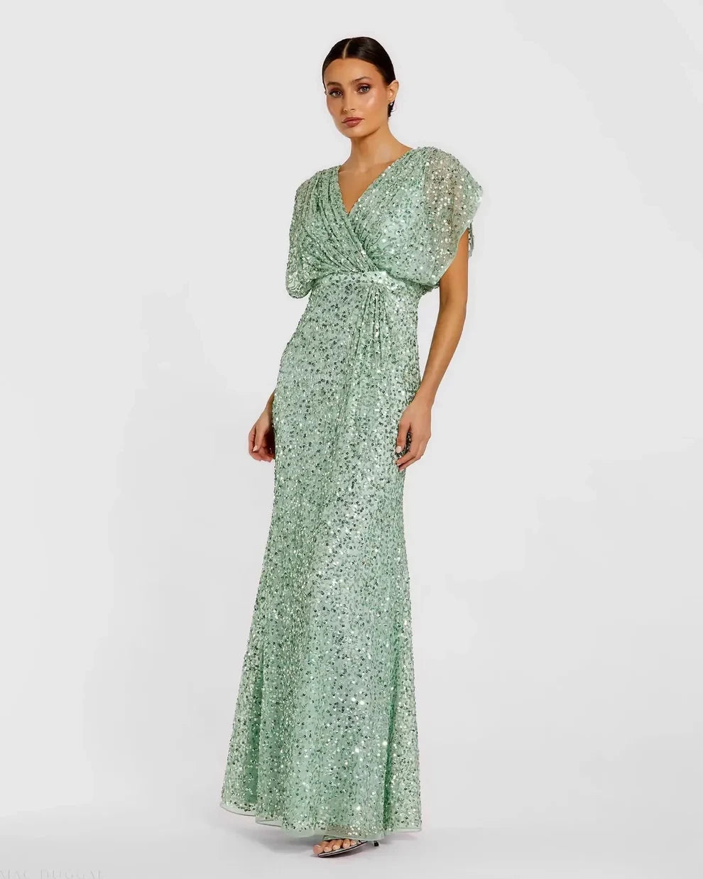 Sparkling Sequin Mermaid V-Neck Dolman Sleeve V-Back Floor-Length Evening Dresses
