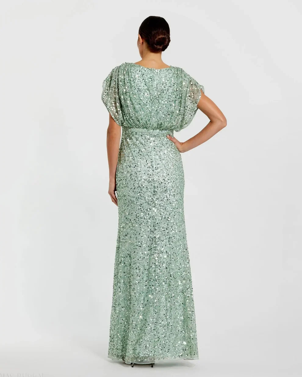 Sparkling Sequin Mermaid V-Neck Dolman Sleeve V-Back Floor-Length Evening Dresses