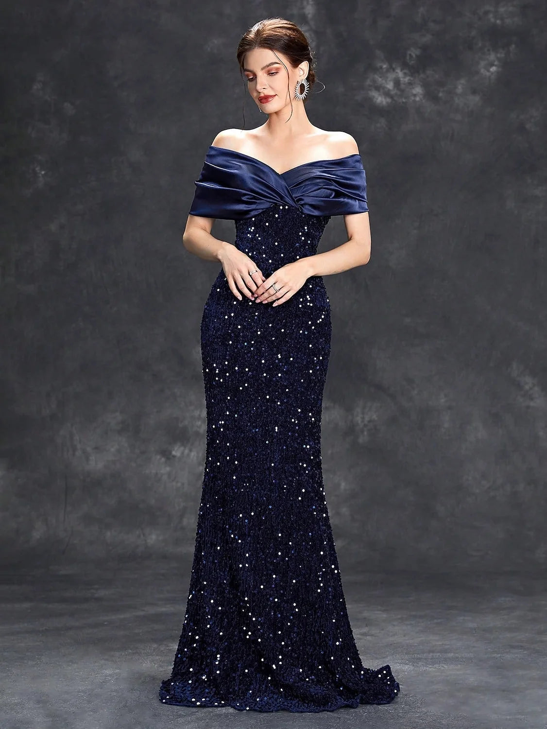 Sparkling Sequin Satin Mermaid Off-Shoulder Sweetheart Floor-Length Prom Dresses with V-Back