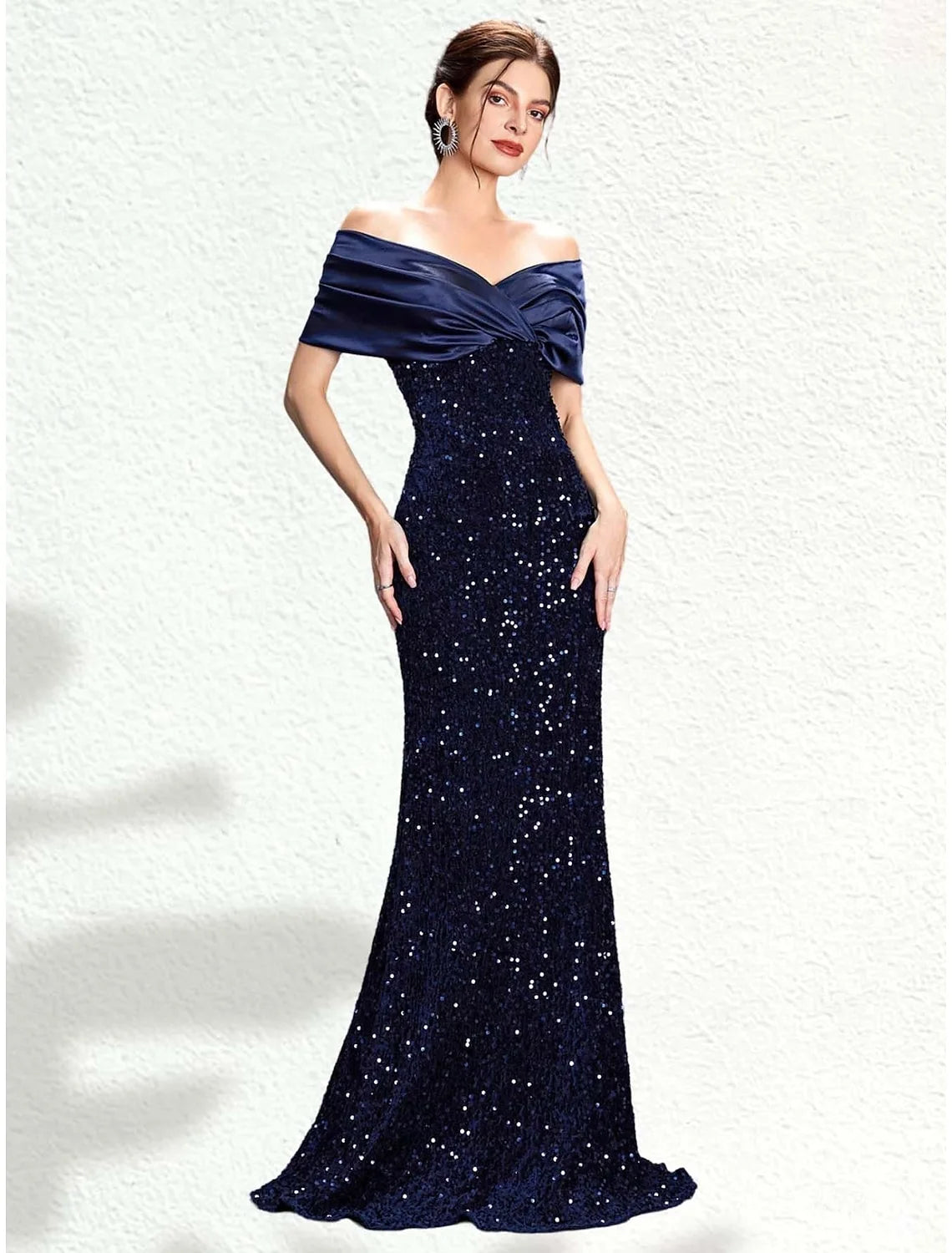 Sparkling Sequin Satin Mermaid Off-Shoulder Sweetheart Floor-Length Prom Dresses with V-Back