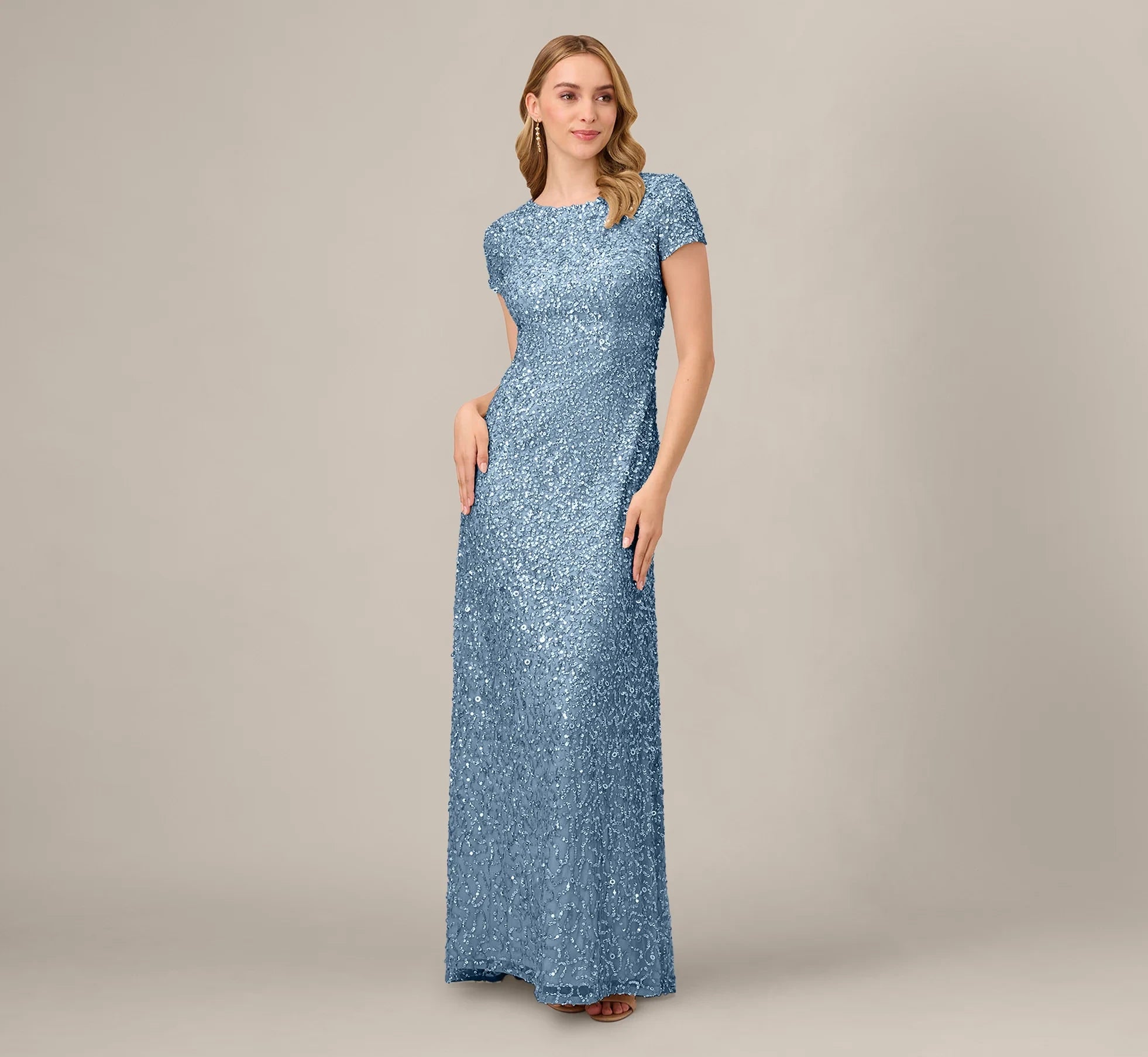 Sparkling Sequin Sheath Jewel Neck Short Sleeve Scoop Back Floor-Length Evening Dresses