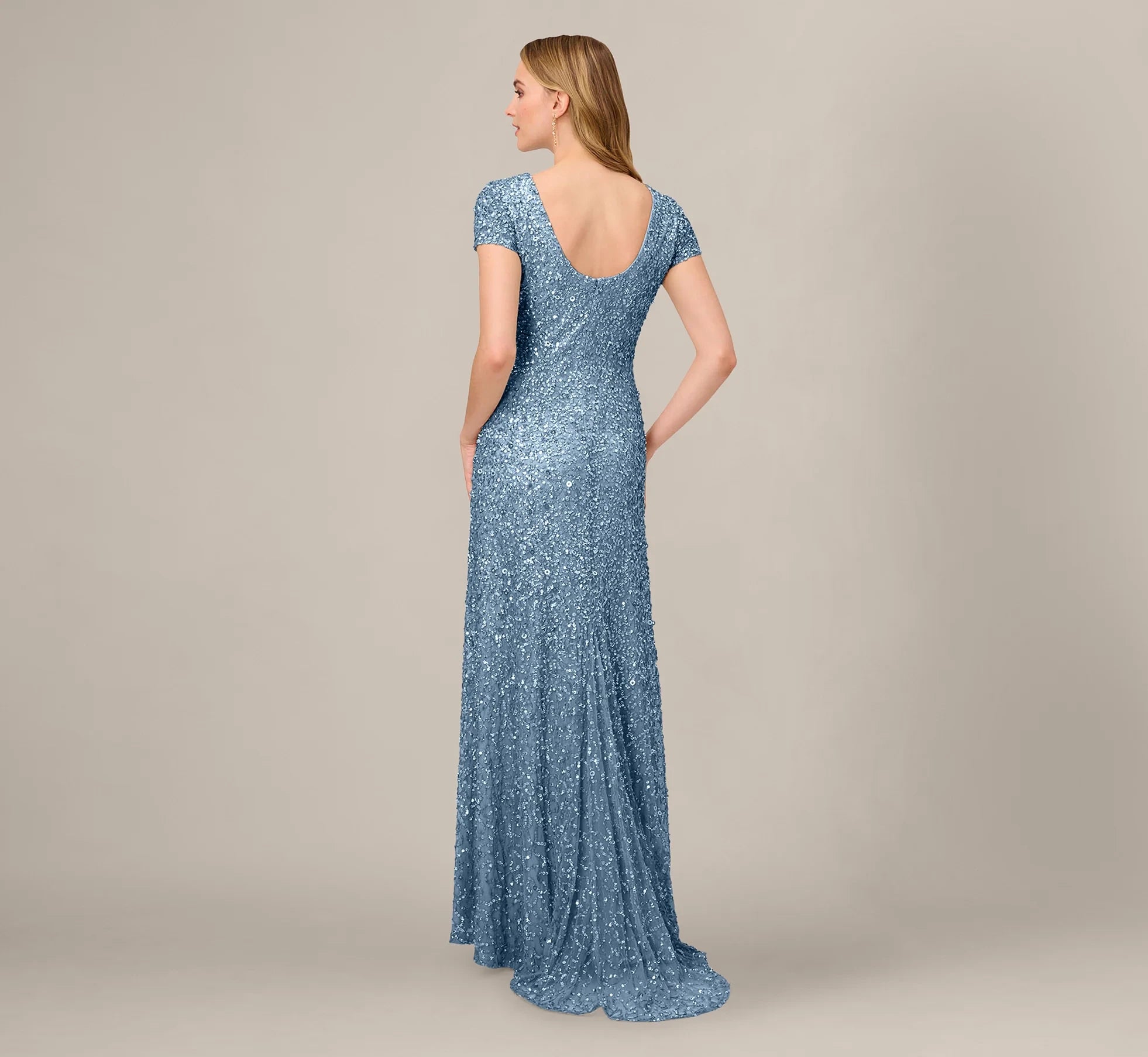 Sparkling Sequin Sheath Jewel Neck Short Sleeve Scoop Back Floor-Length Evening Dresses