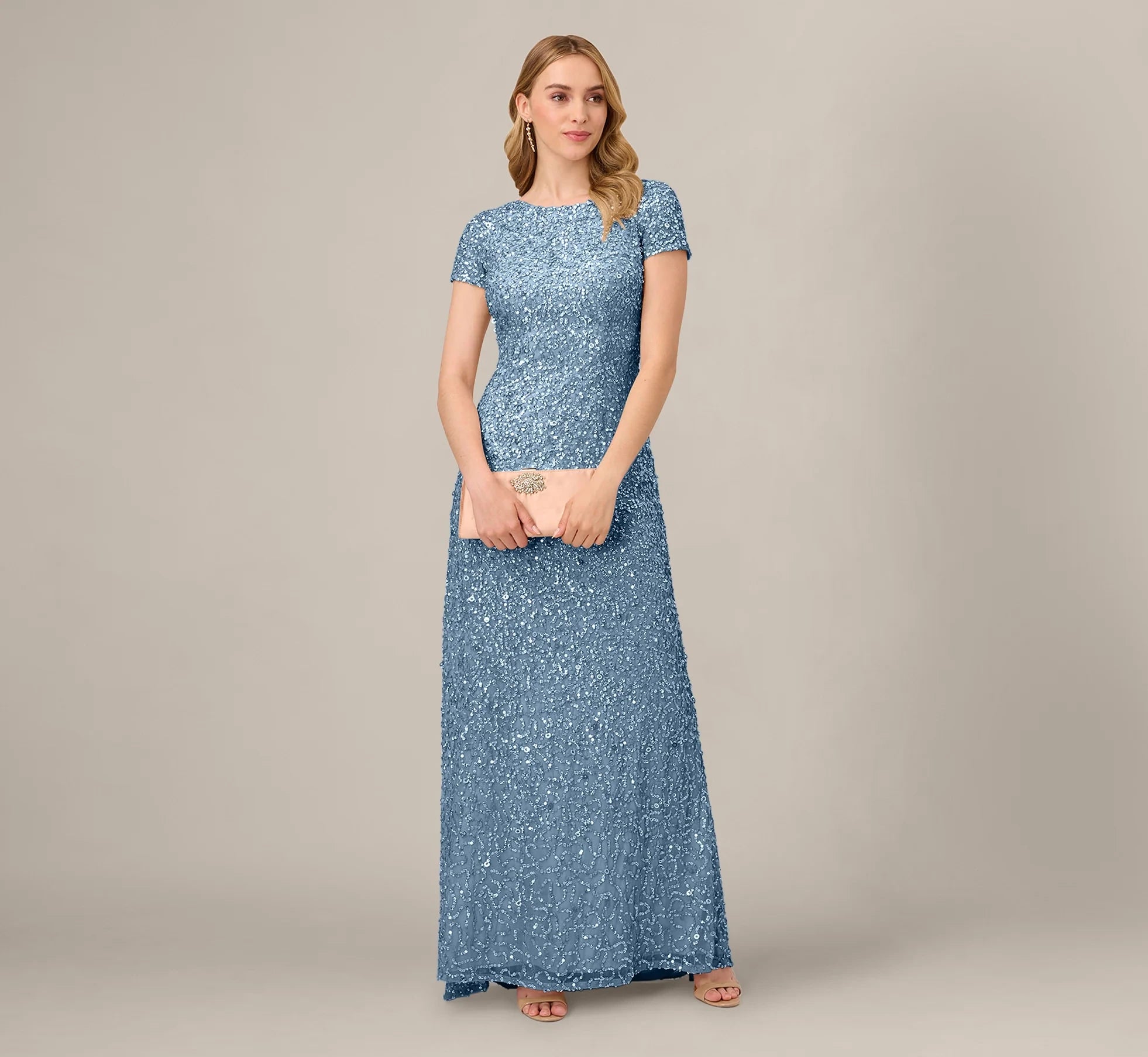 Sparkling Sequin Sheath Jewel Neck Short Sleeve Scoop Back Floor-Length Evening Dresses