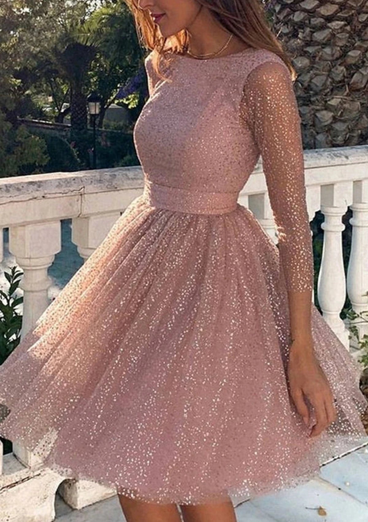 Sparkling Tulle A-Line Round Neck Three-Quarter Sleeves Open Back Short Homecoming Dresses
