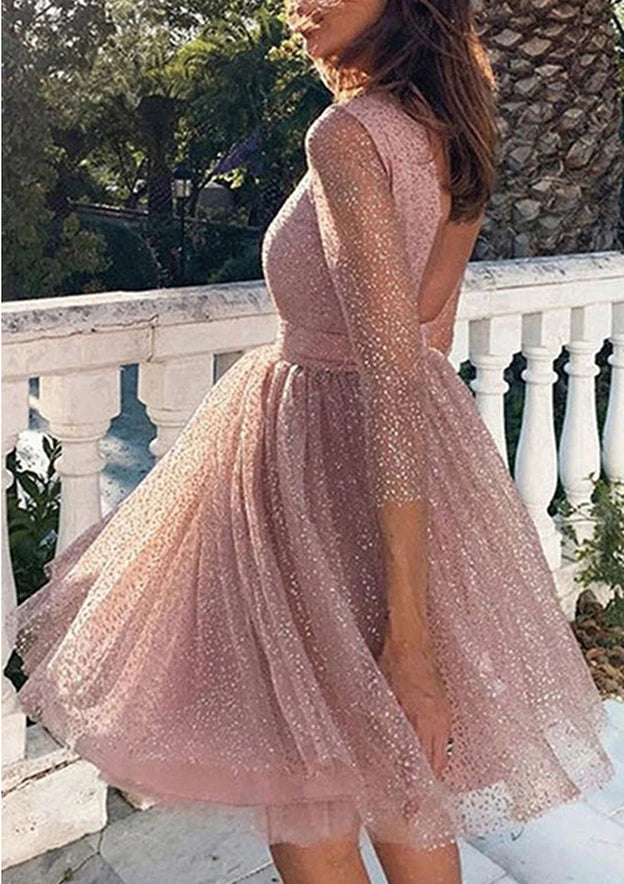 Sparkling Tulle A-Line Round Neck Three-Quarter Sleeves Open Back Short Homecoming Dresses