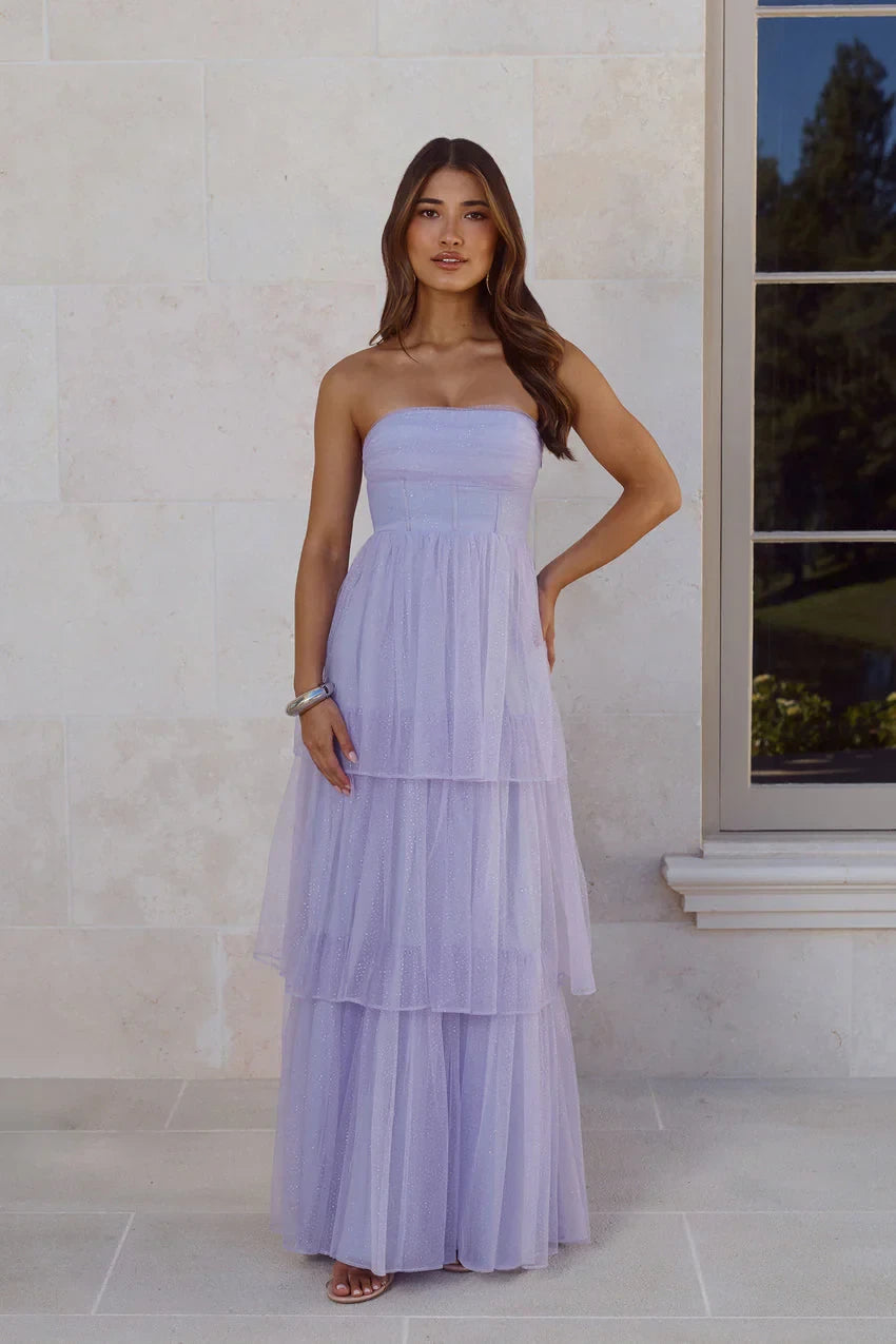 Sparkling Tulle A-Line Strapless Sweetheart Sleeveless Zipper Back Floor-Length Tiered Evening Dresses