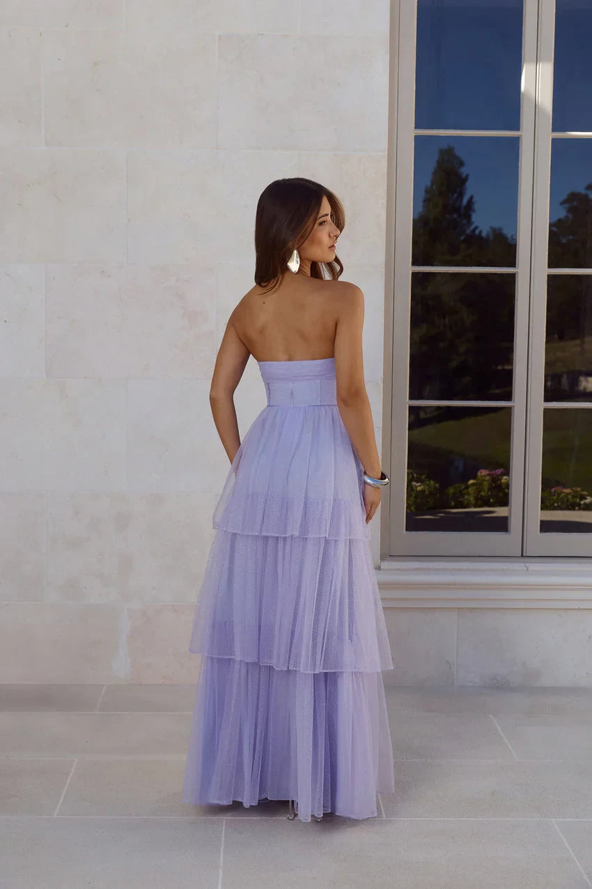 Sparkling Tulle A-Line Strapless Sweetheart Sleeveless Zipper Back Floor-Length Tiered Evening Dresses