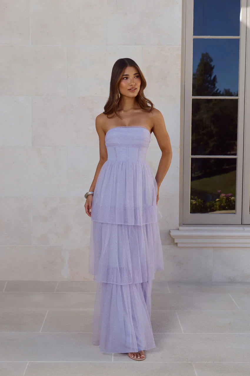 Sparkling Tulle A-Line Strapless Sweetheart Sleeveless Zipper Back Floor-Length Tiered Evening Dresses