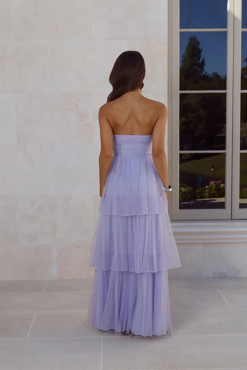Sparkling Tulle A-Line Strapless Sweetheart Sleeveless Zipper Back Floor-Length Tiered Evening Dresses