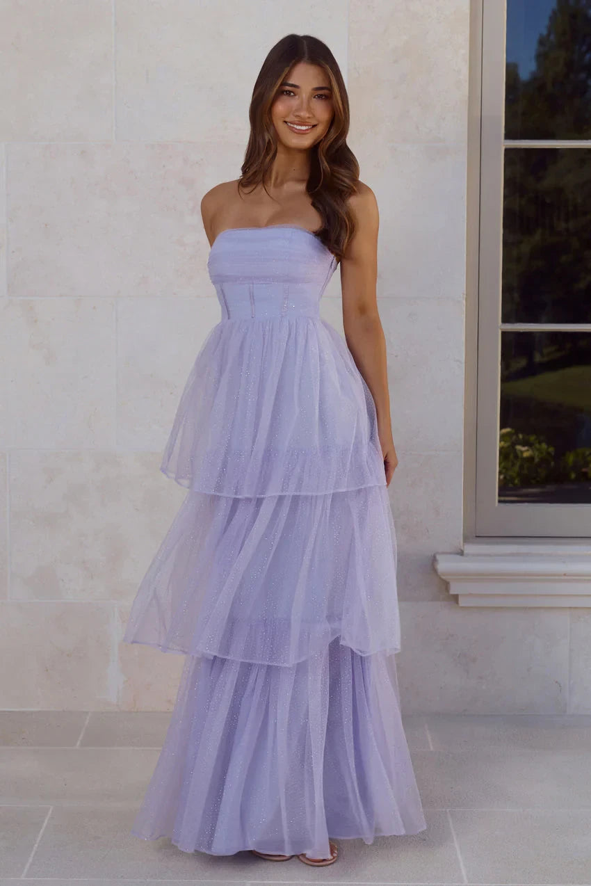 Sparkling Tulle A-Line Strapless Sweetheart Sleeveless Zipper Back Floor-Length Tiered Evening Dresses