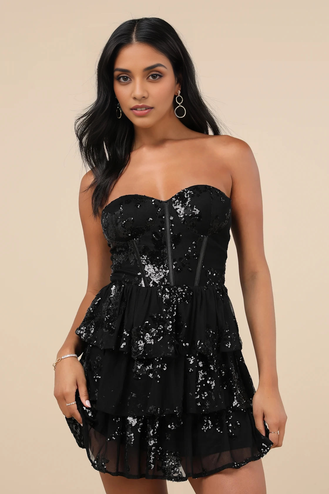 Sparkling mesh sequin corset layered mini strapless corset Homecoming Dresses
