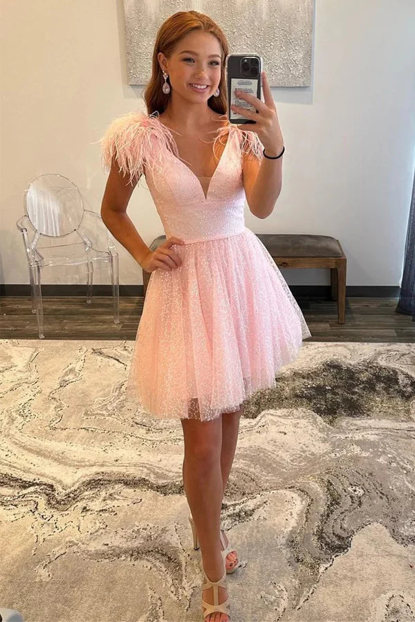 Sparkly A-Line V Neck Pink Homecoming Dress with Feathers