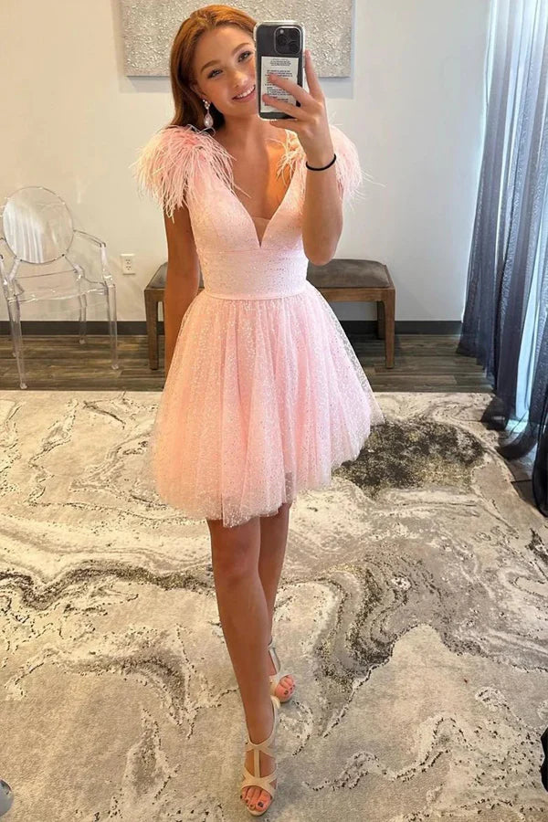 Sparkly A-Line V Neck Pink Homecoming Dress with Feathers