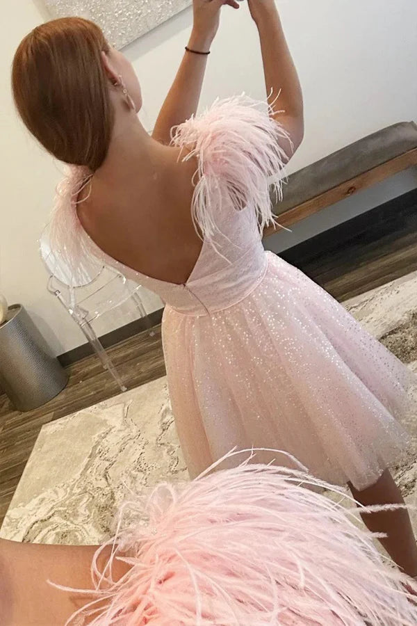 Sparkly A-Line V Neck Pink Homecoming Dress with Feathers