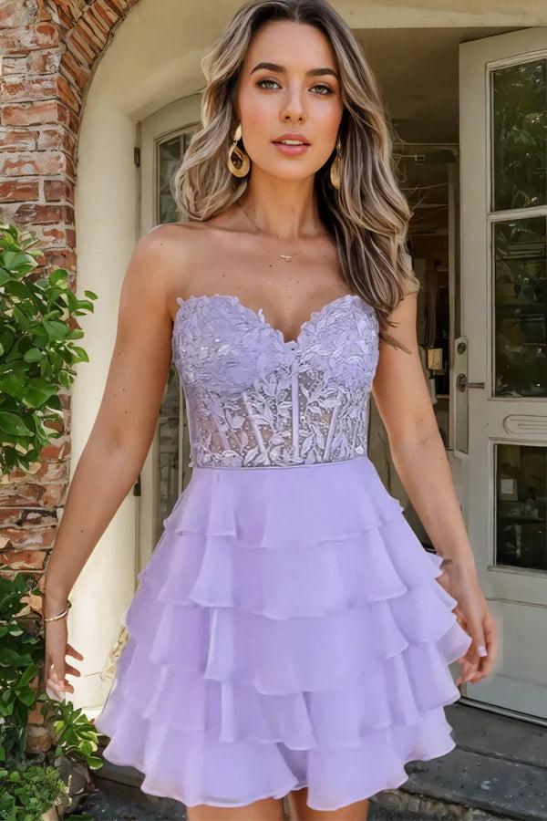 Sparkly A-line Strapless Appliques Tiered Lilac Homecoming Dress