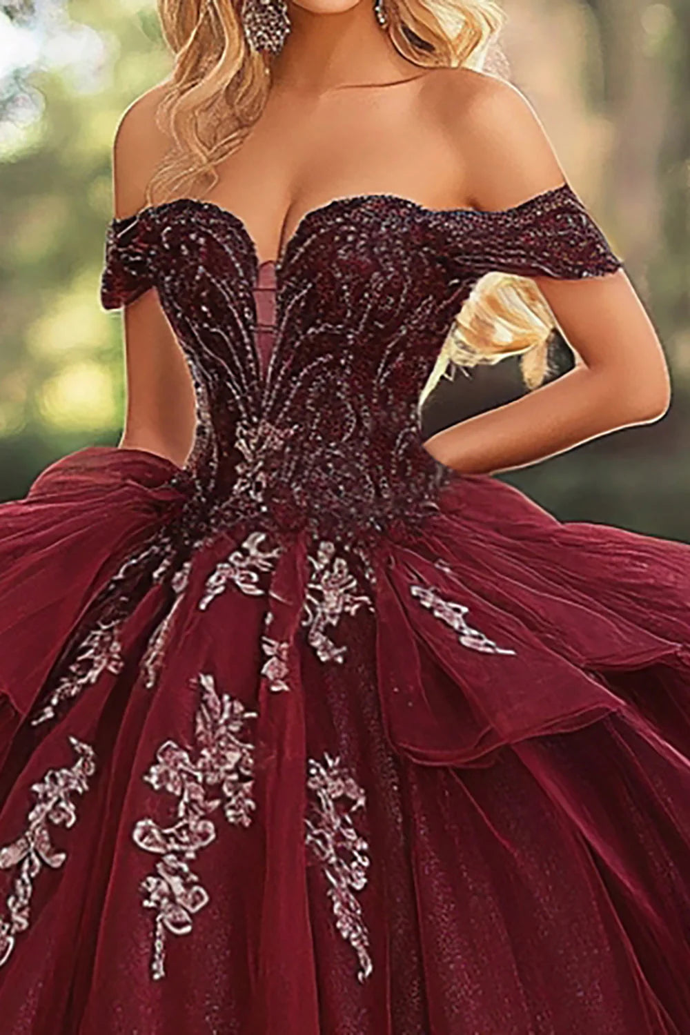 Sparkly Ball Gown Burgundy Off The Shoulder Long Quinceanera Dress