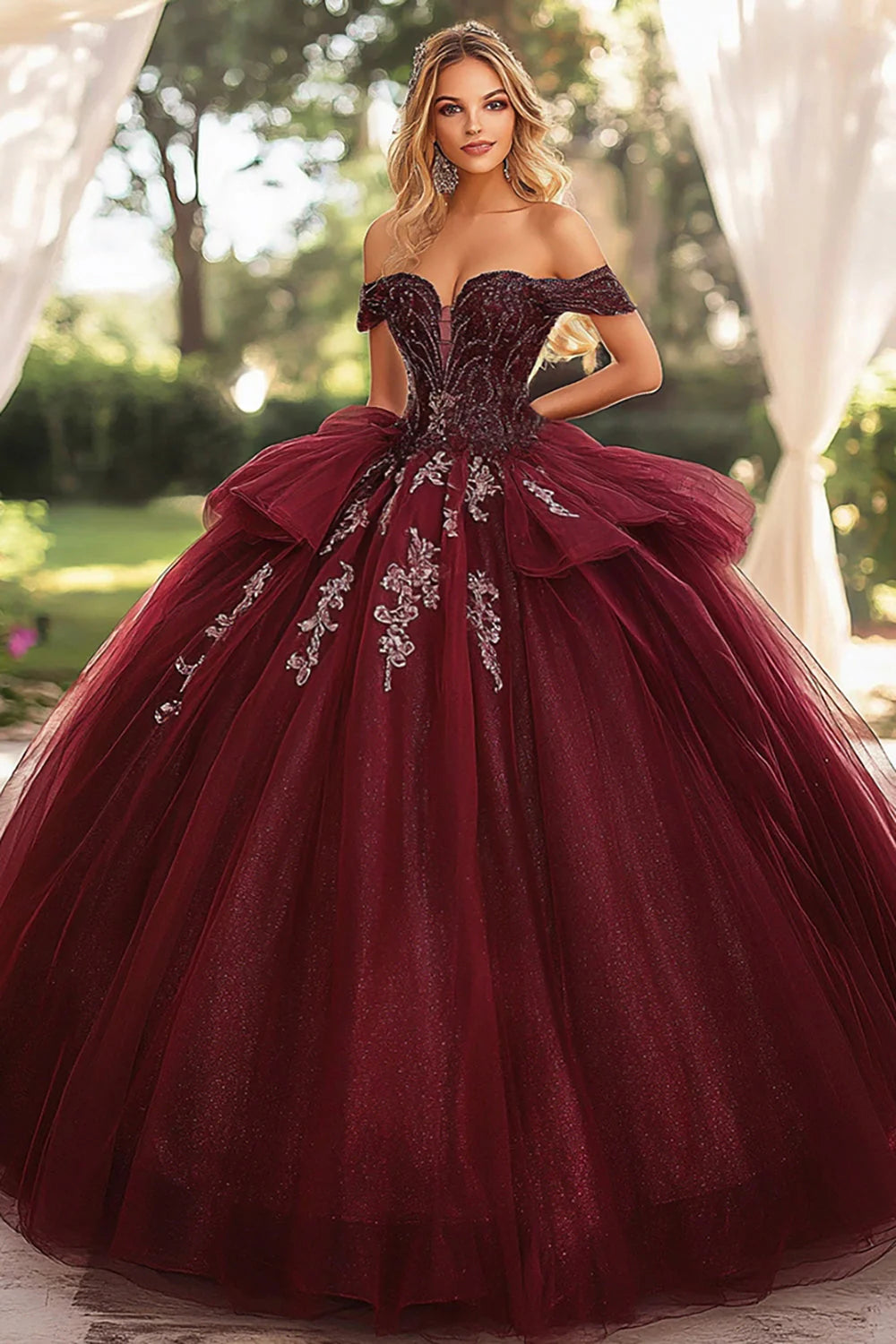Sparkly Ball Gown Burgundy Off The Shoulder Long Quinceanera Dress