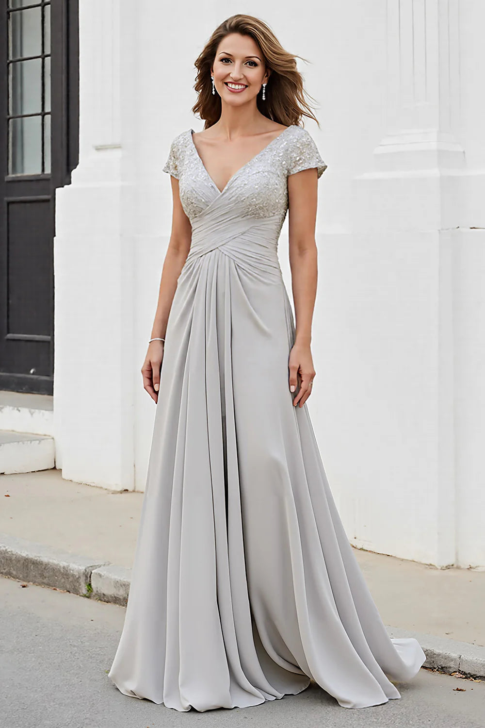 Sparkly Beaded-Bodice Chiffon A-Line V-Neck Short-Sleeve Floor Length Mother of the Bride Dress
