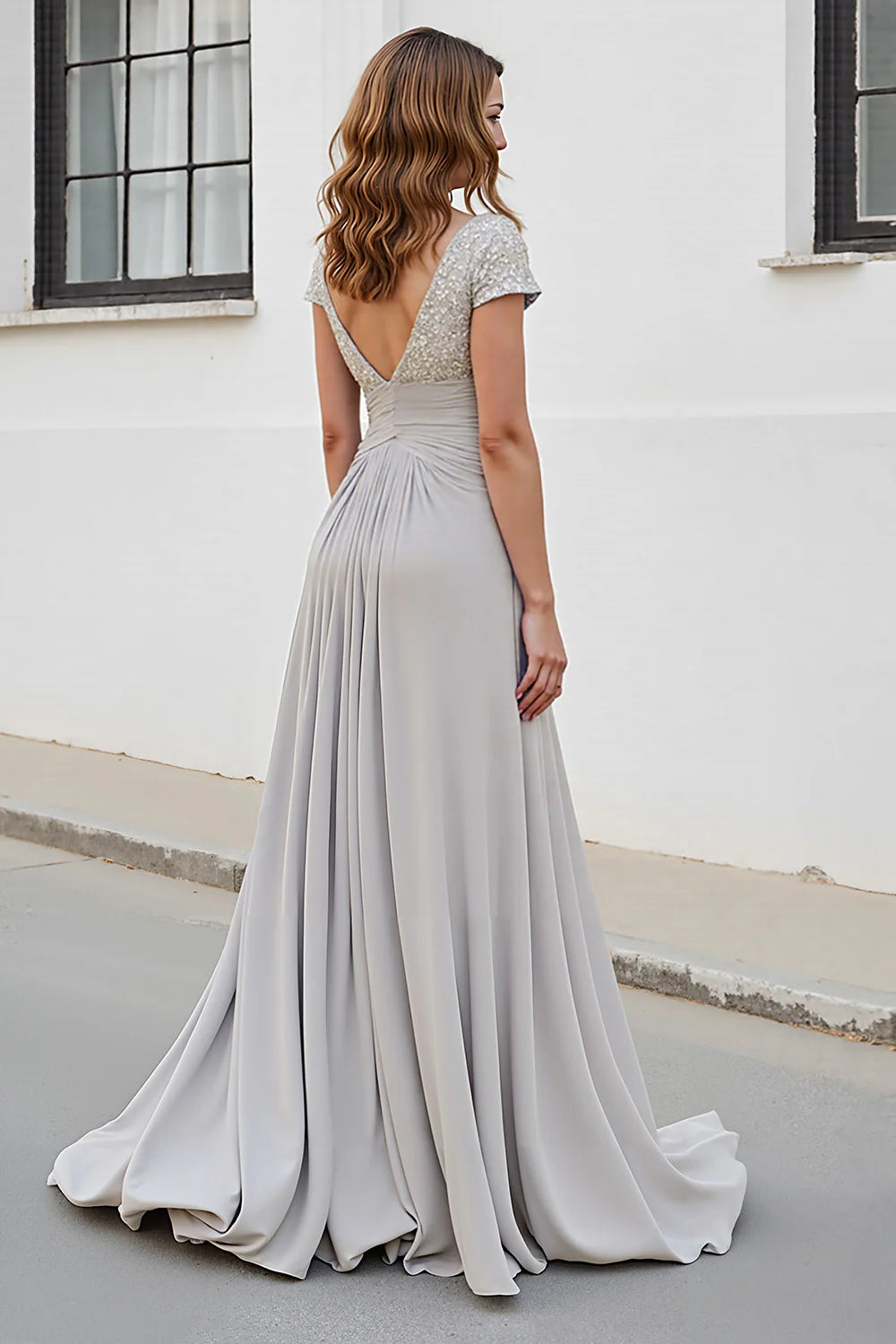 Sparkly Beaded-Bodice Chiffon A-Line V-Neck Short-Sleeve Floor Length Mother of the Bride Dress