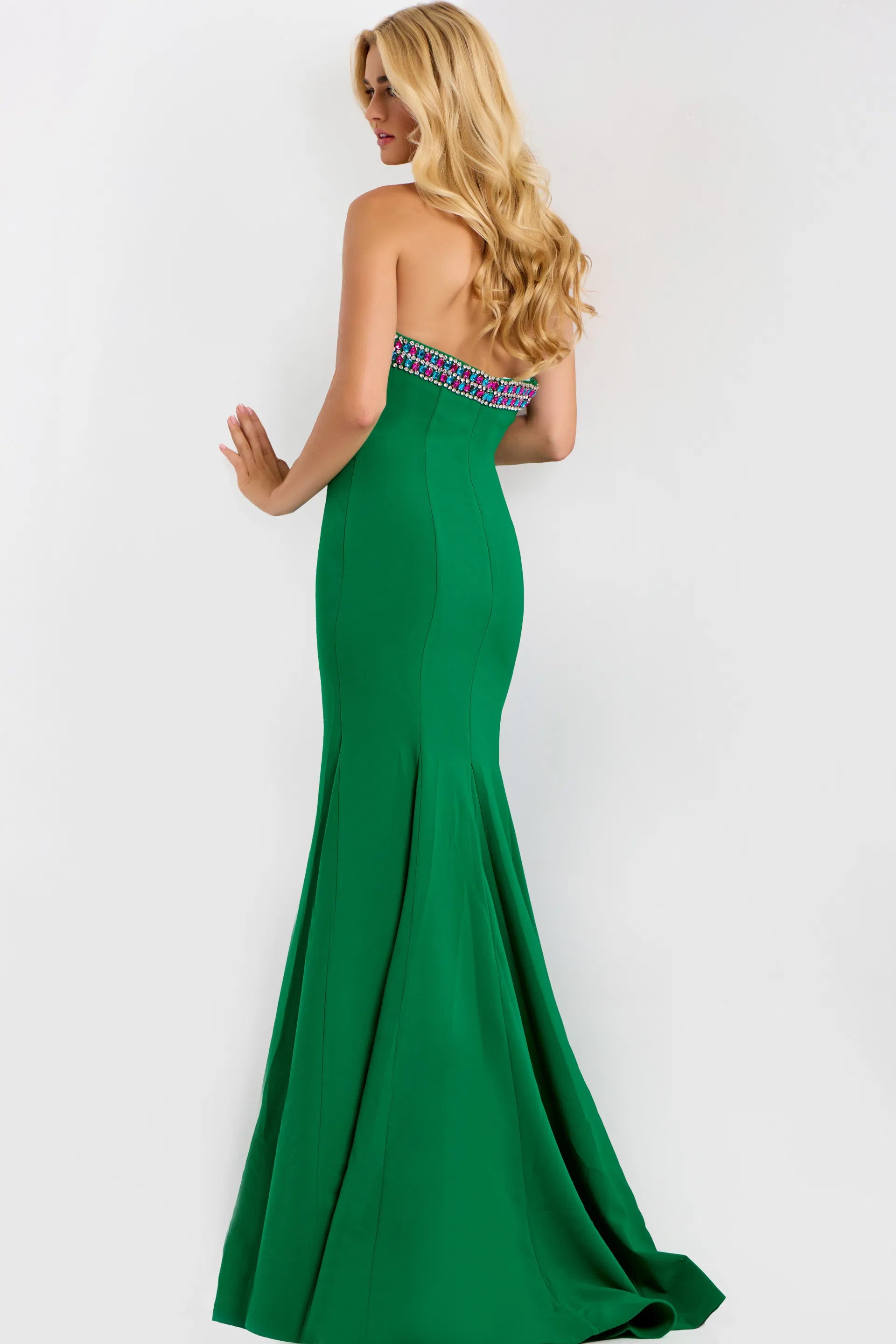 Sparkly Beaded Strapless Evening Dress with Mermaid Silhouette and Flared Train
