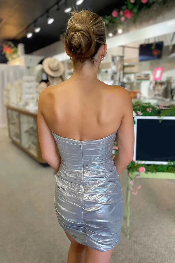 Sparkly Beaded Strapless Tight Satin Silver Homecoming Dress