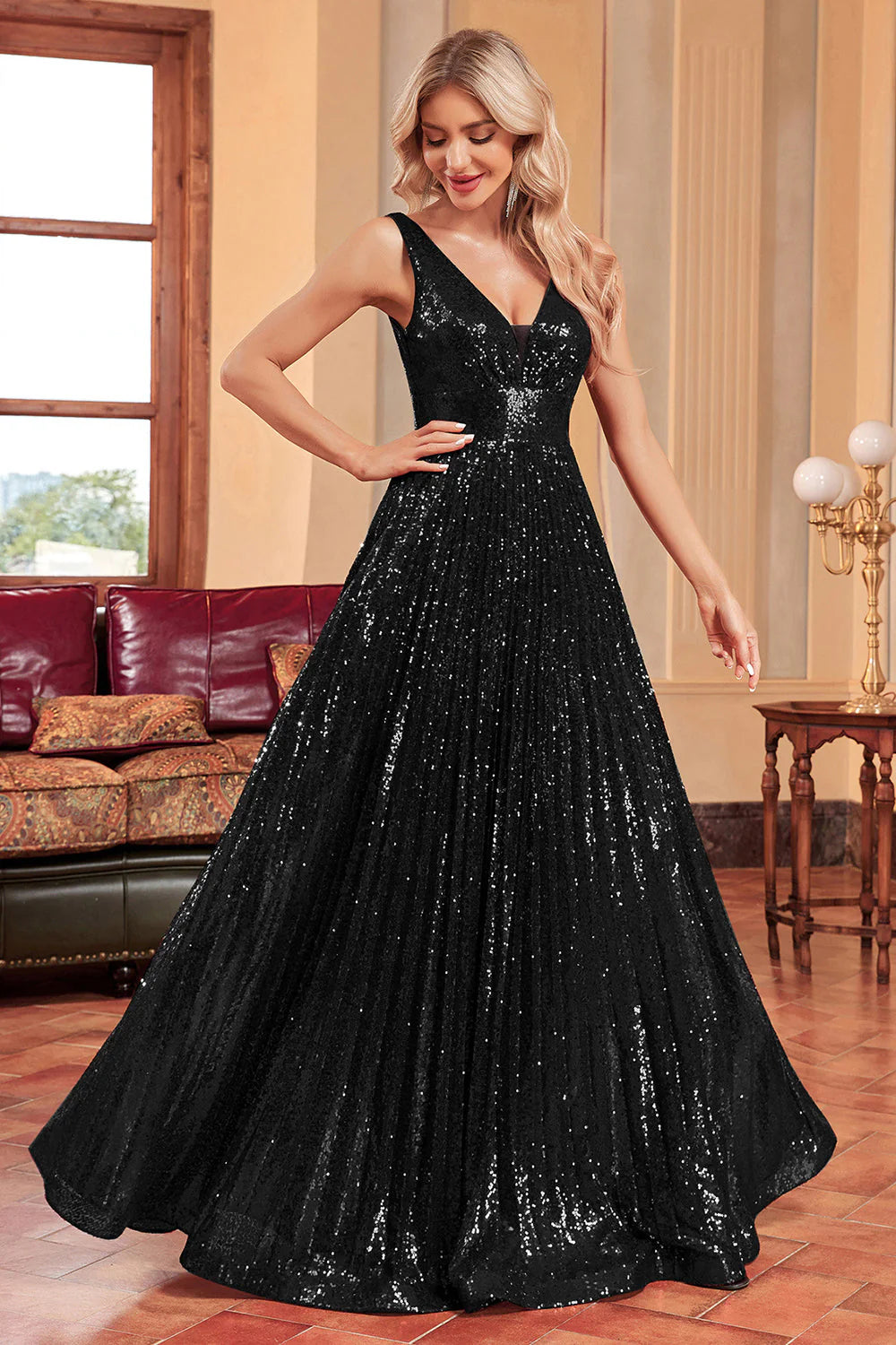 Sparkly Black A-Line Pleated Long Prom Dress with Sequins