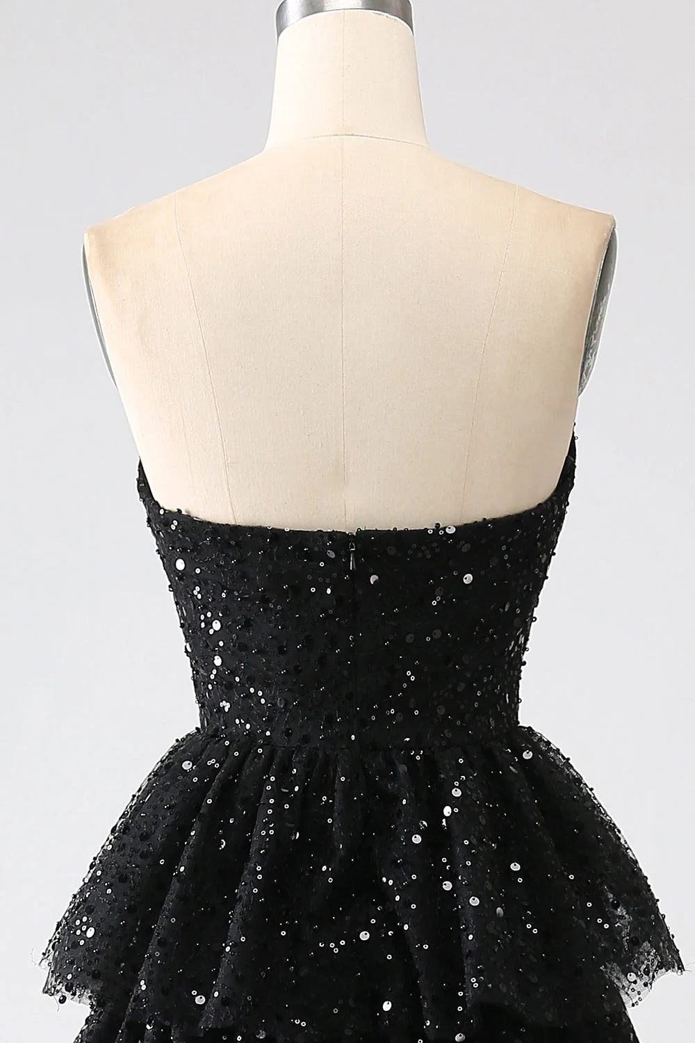 Sparkly Black A-Line Strapless Sequins Tiered Long Prom Dress with Slit